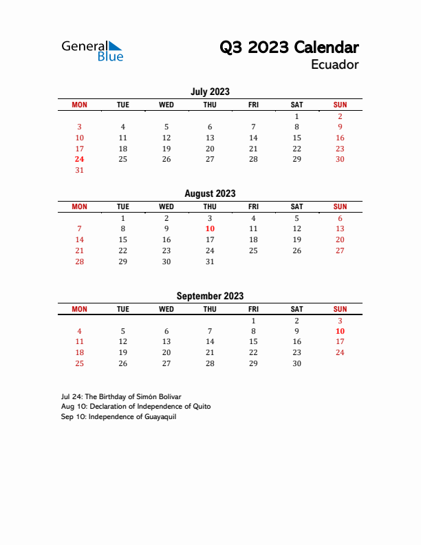 2023 Q3 Calendar with Holidays List for Ecuador