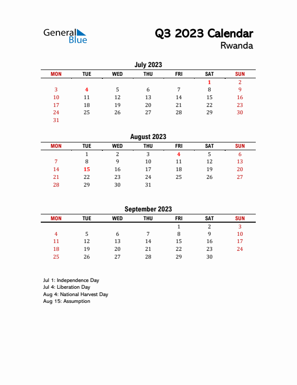 2023 Q3 Calendar with Holidays List for Rwanda