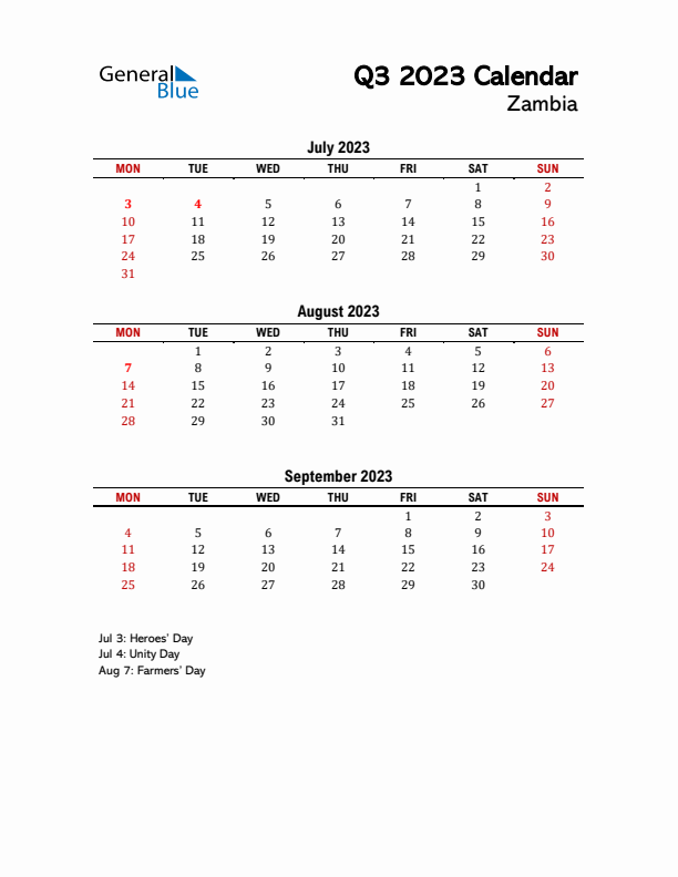 2023 Q3 Calendar with Holidays List for Zambia