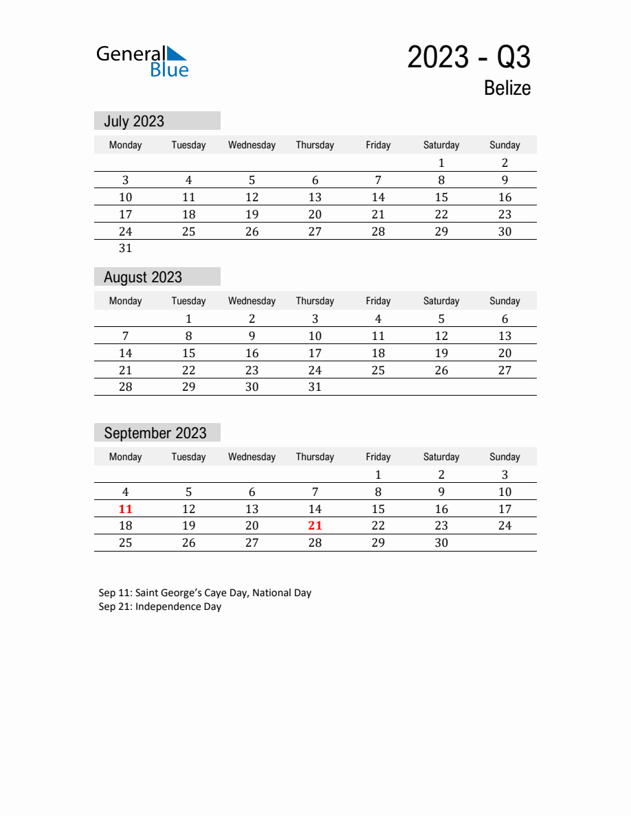 Belize Quarter 3 2023 Calendar with Holidays