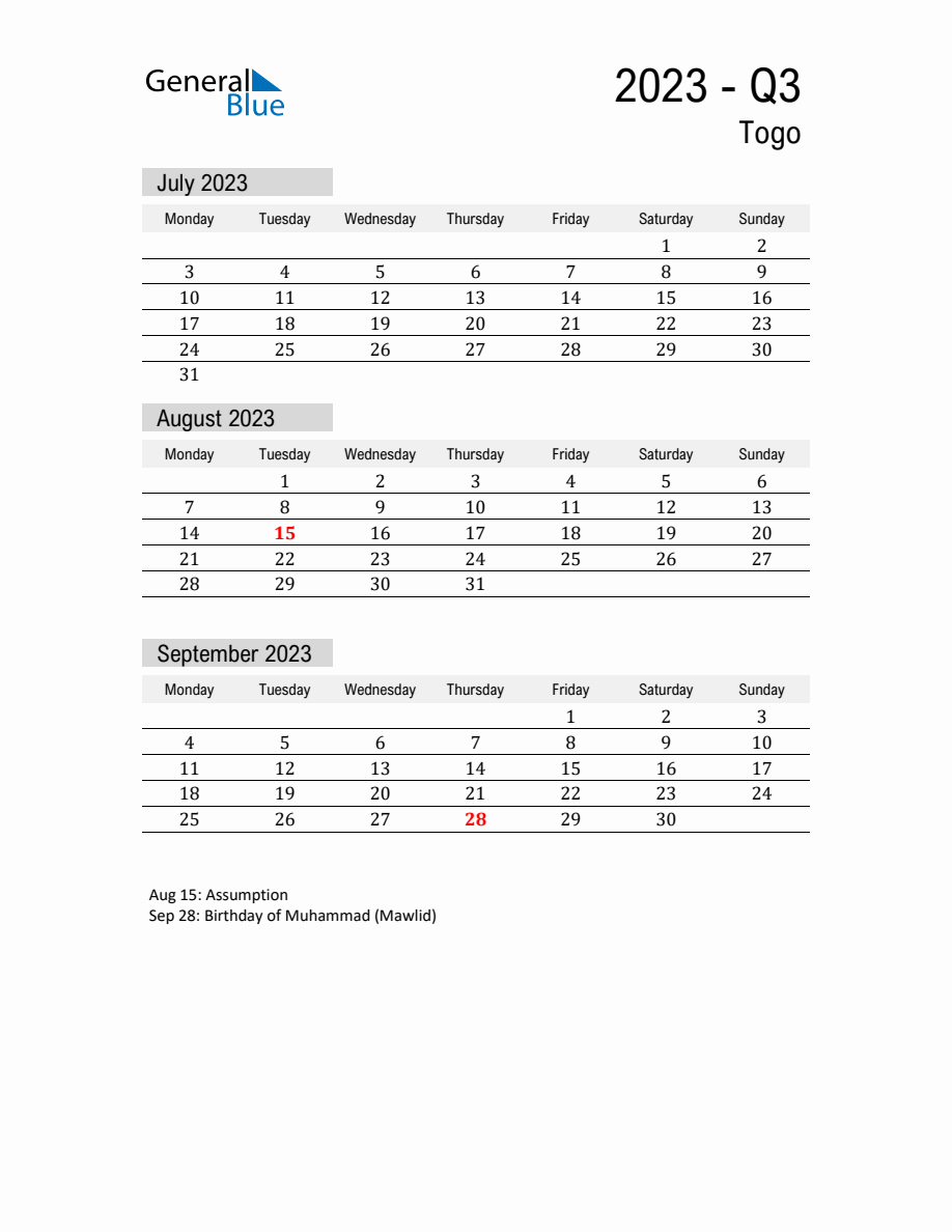 Togo Quarter 3 2023 Calendar with Holidays