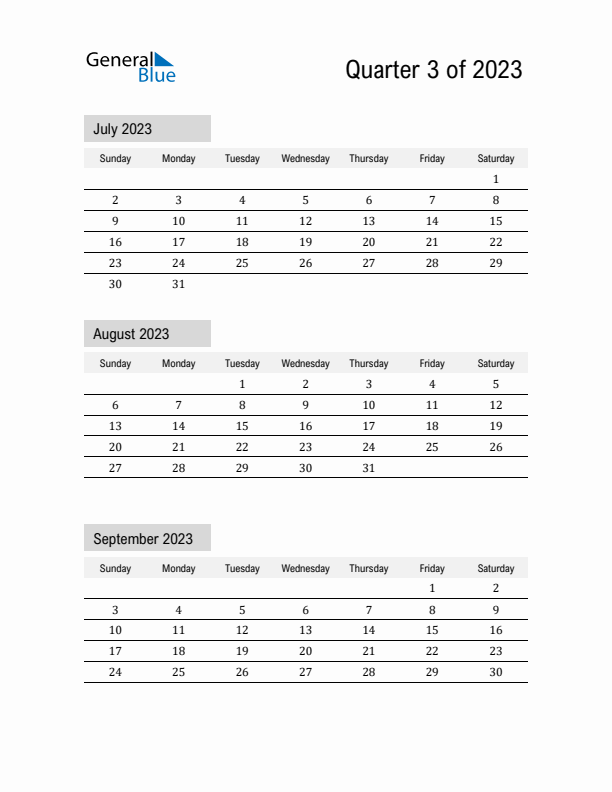 July, August, and September Calendar 2023