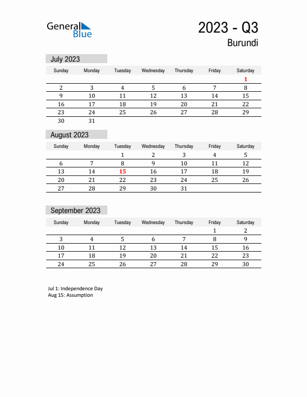 Burundi Quarter 3 2023 Calendar with Holidays