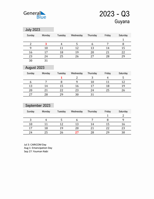 Guyana Quarter 3 2023 Calendar with Holidays