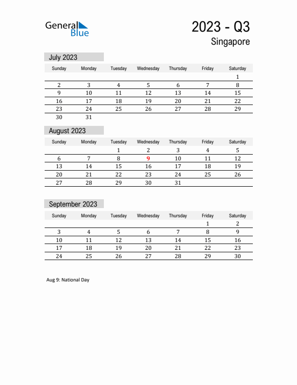 Singapore Quarter 3 2023 Calendar with Holidays