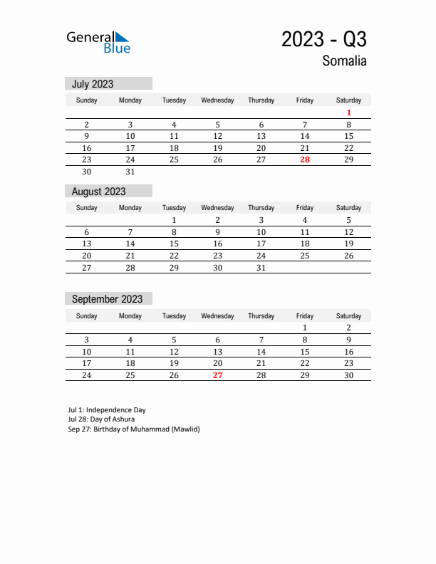 Somalia Quarter 3 2023 Calendar with Holidays