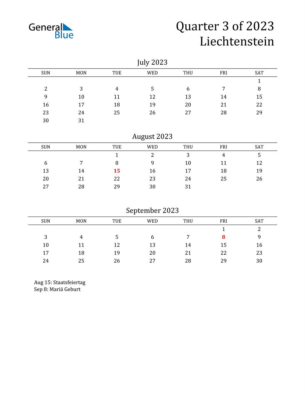 Q3 2023 Quarterly Calendar for Liechtenstein