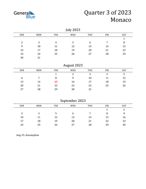  2023 Monaco Quarterly Calendar