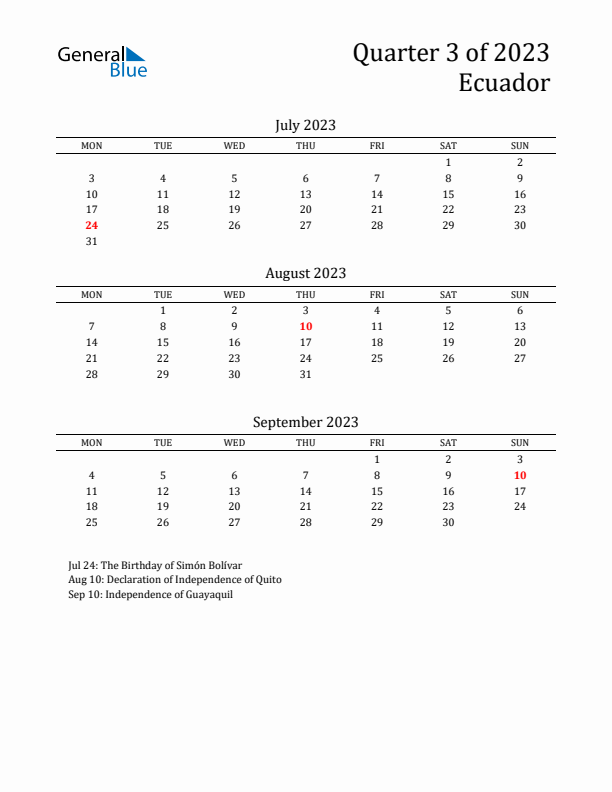 Quarter 3 2023 Ecuador Quarterly Calendar