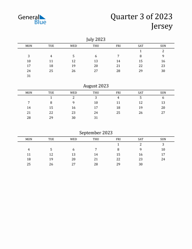 Quarter 3 2023 Jersey Quarterly Calendar