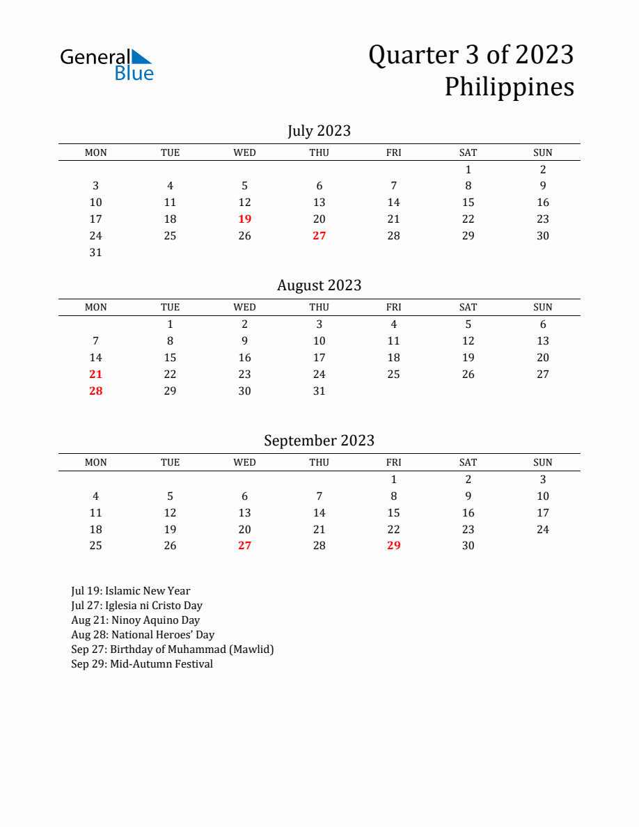 Quarter 3 2023 Philippines Quarterly Calendar