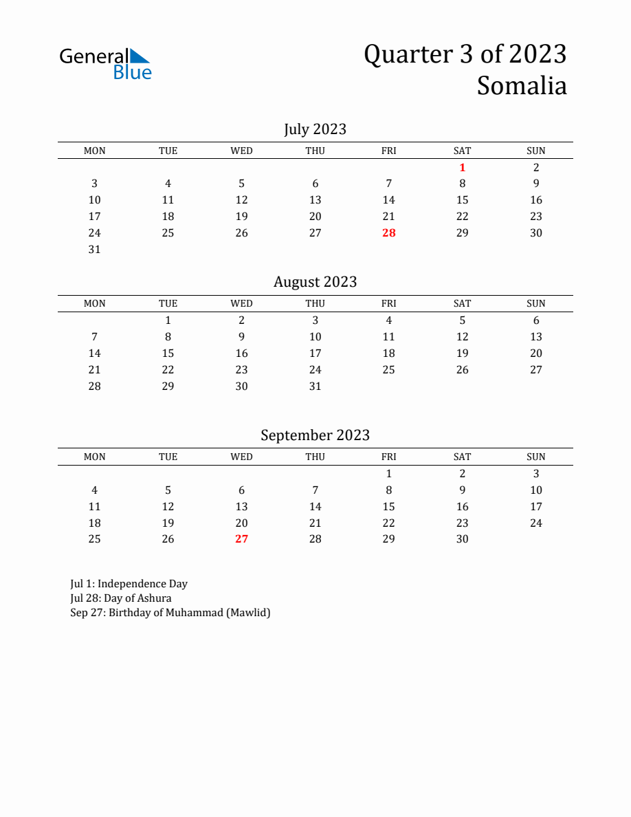 Quarter 3 2023 Somalia Quarterly Calendar