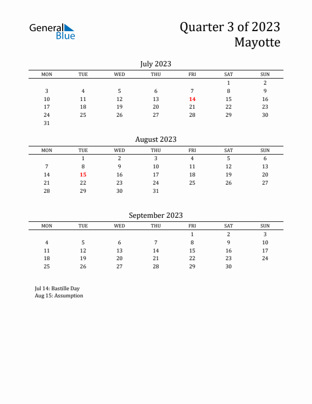 Quarter 3 2023 Mayotte Quarterly Calendar