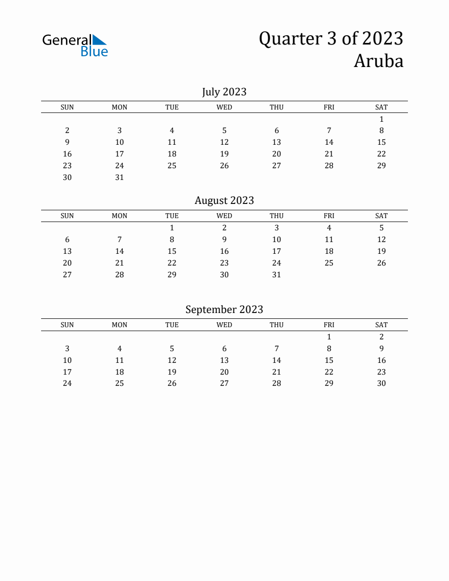 Quarter 3 2023 Aruba Quarterly Calendar