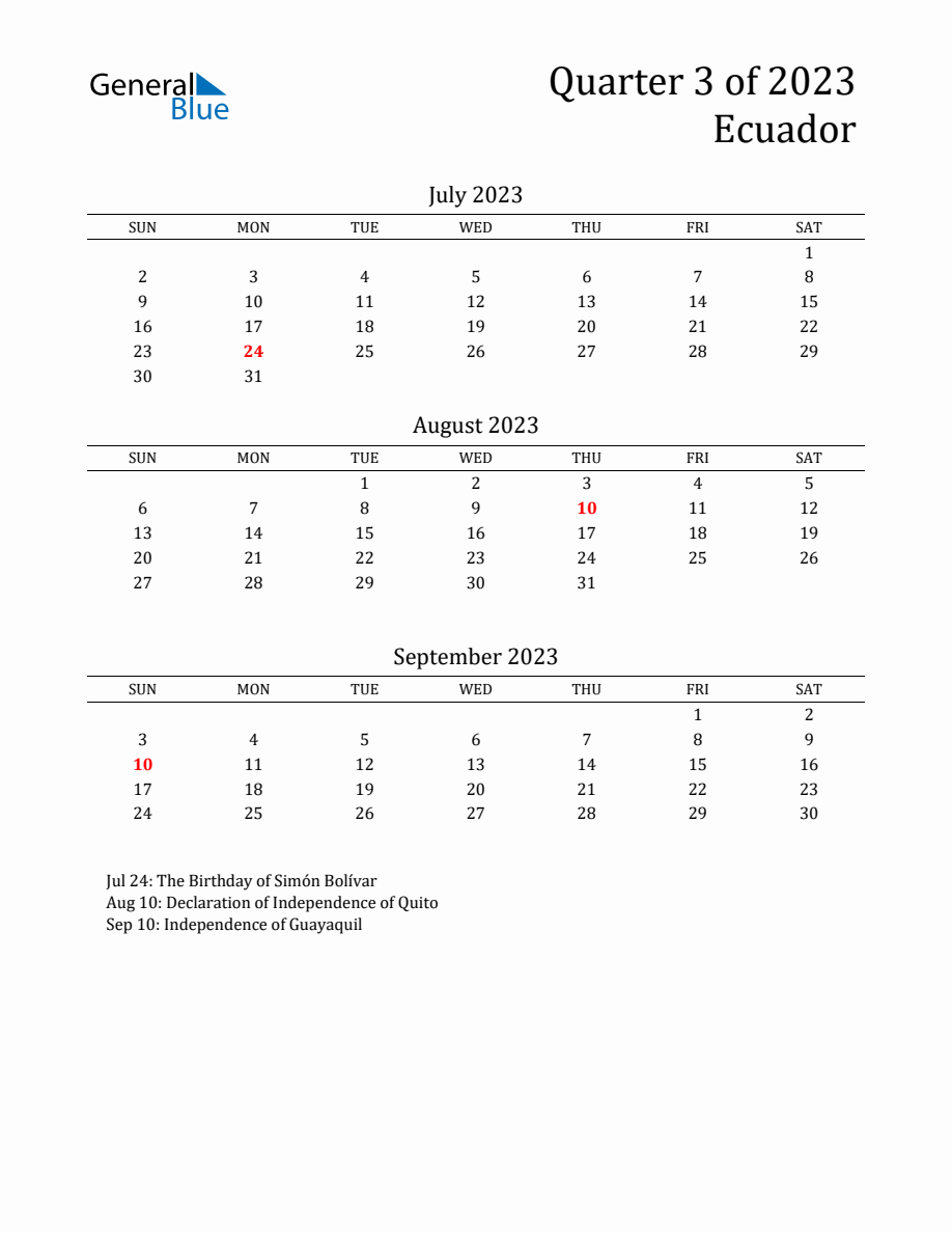 Quarter 3 2023 Ecuador Quarterly Calendar