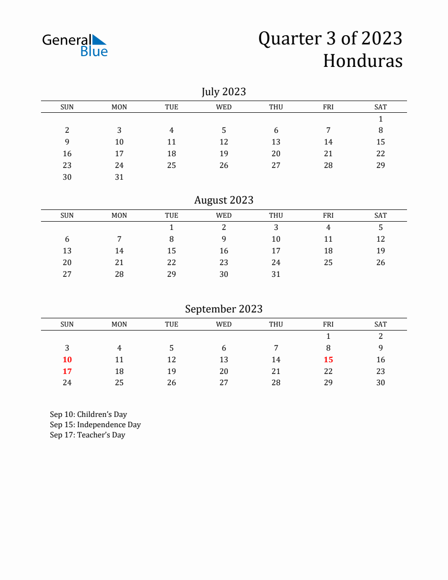 Quarter 3 2023 Honduras Quarterly Calendar