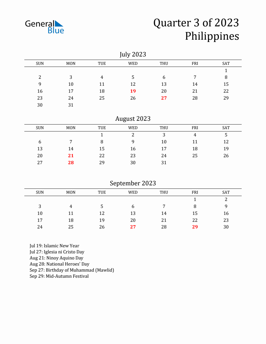 Quarter 3 2023 Philippines Quarterly Calendar