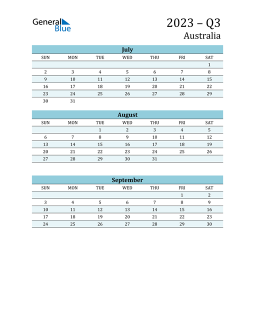 Q3 2023 Quarterly Calendar with Australia Holidays