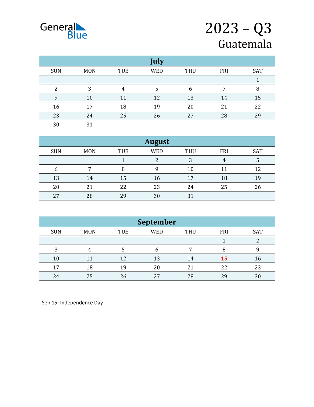  Three-Month Planner for Q3 2023 with Holidays
