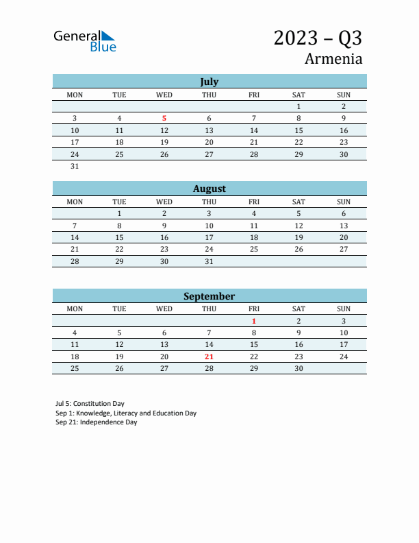 Three-Month Planner for Q3 2023 with Holidays - Armenia