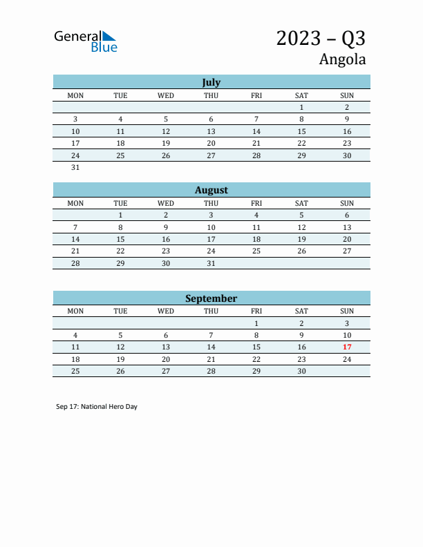 Three-Month Planner for Q3 2023 with Holidays - Angola