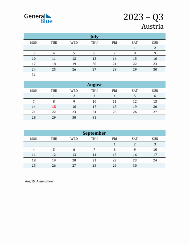 Three-Month Planner for Q3 2023 with Holidays - Austria