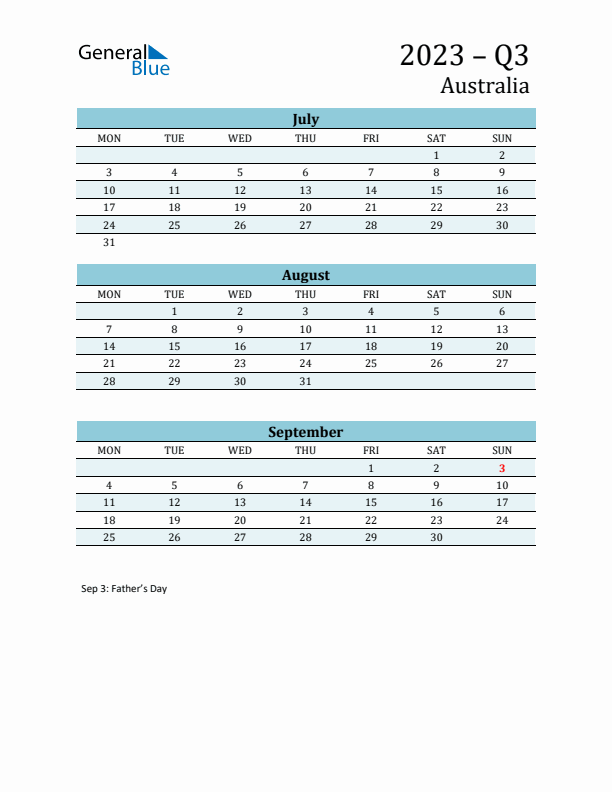 Three-Month Planner for Q3 2023 with Holidays - Australia