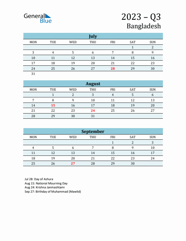 Three-Month Planner for Q3 2023 with Holidays - Bangladesh
