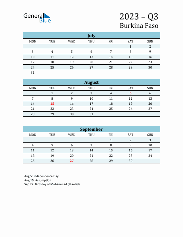 Three-Month Planner for Q3 2023 with Holidays - Burkina Faso