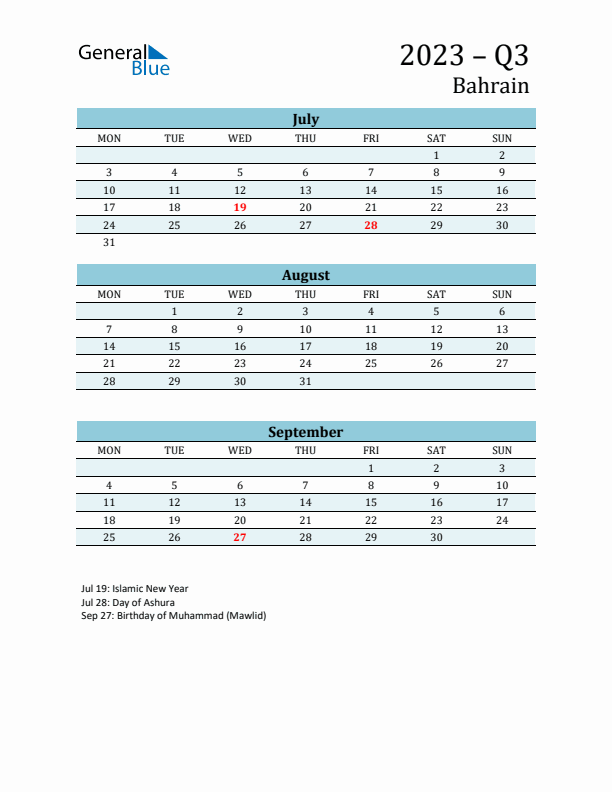 Three-Month Planner for Q3 2023 with Holidays - Bahrain