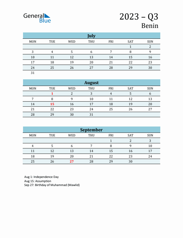 Three-Month Planner for Q3 2023 with Holidays - Benin