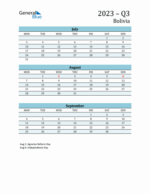 Three-Month Planner for Q3 2023 with Holidays - Bolivia