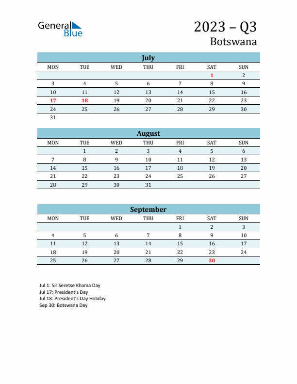 Three-Month Planner for Q3 2023 with Holidays - Botswana