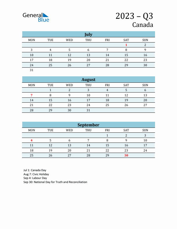 Three-Month Planner for Q3 2023 with Holidays - Canada