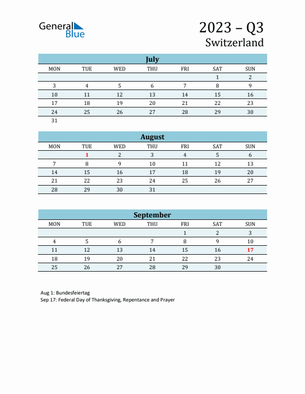 Three-Month Planner for Q3 2023 with Holidays - Switzerland