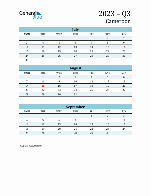 Three-Month Planner for Q3 2023 with Holidays - Cameroon