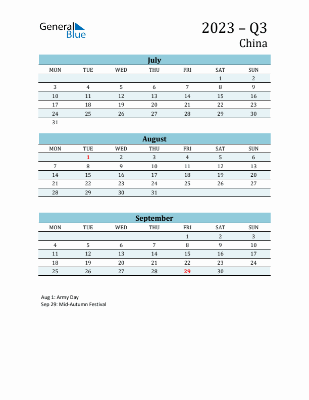 Three-Month Planner for Q3 2023 with Holidays - China