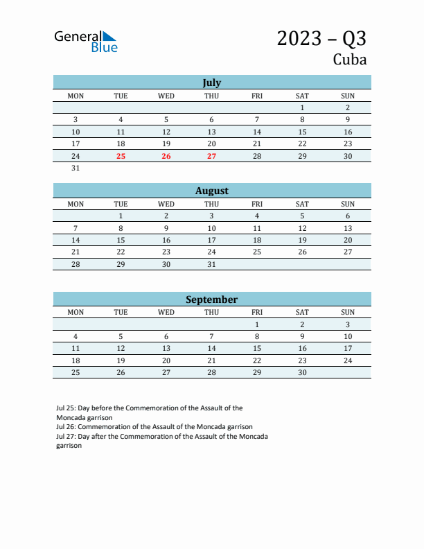 Three-Month Planner for Q3 2023 with Holidays - Cuba