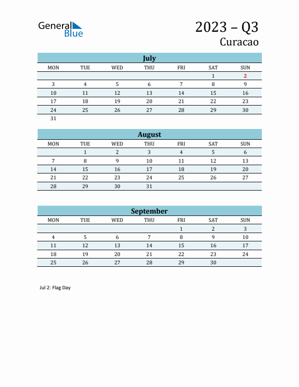 Three-Month Planner for Q3 2023 with Holidays - Curacao