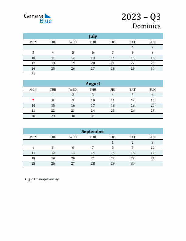 Three-Month Planner for Q3 2023 with Holidays - Dominica