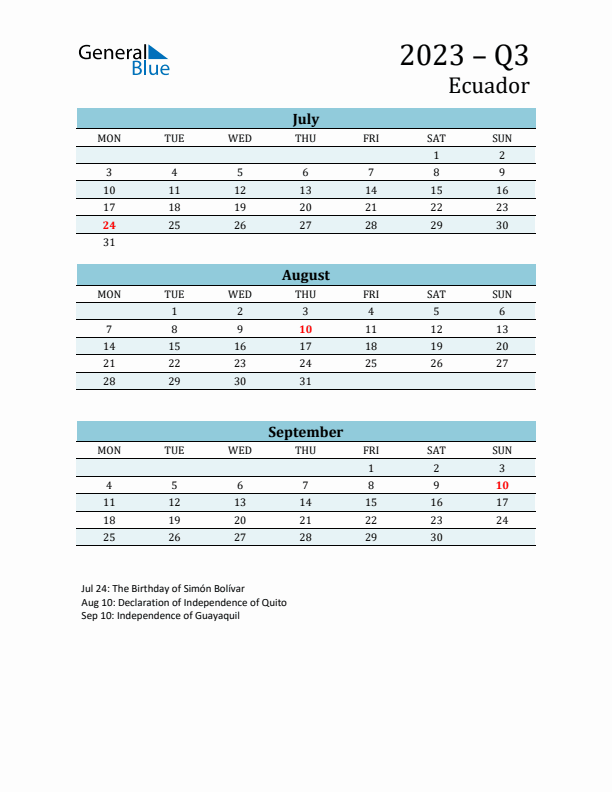 Three-Month Planner for Q3 2023 with Holidays - Ecuador