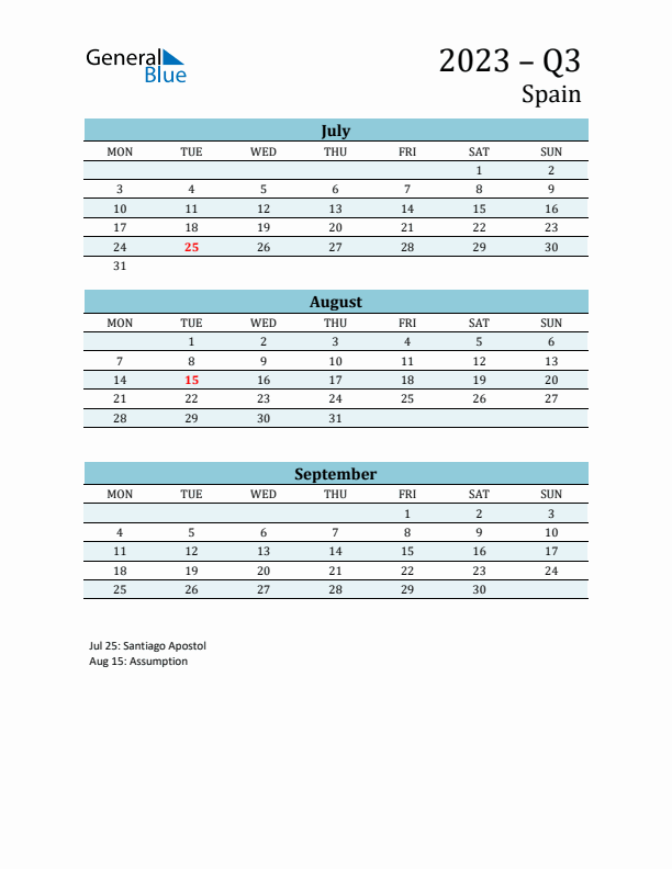 Three-Month Planner for Q3 2023 with Holidays - Spain
