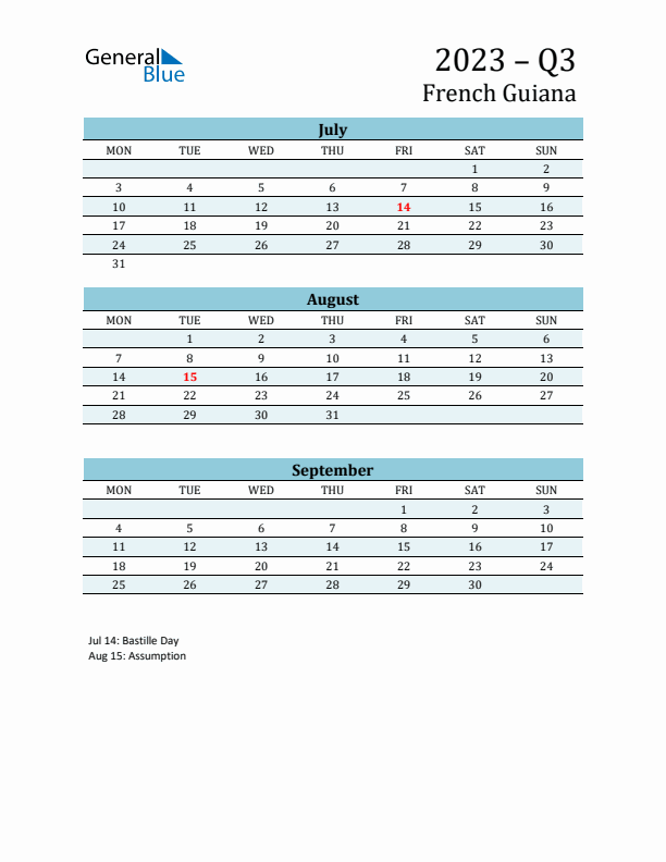 Three-Month Planner for Q3 2023 with Holidays - French Guiana
