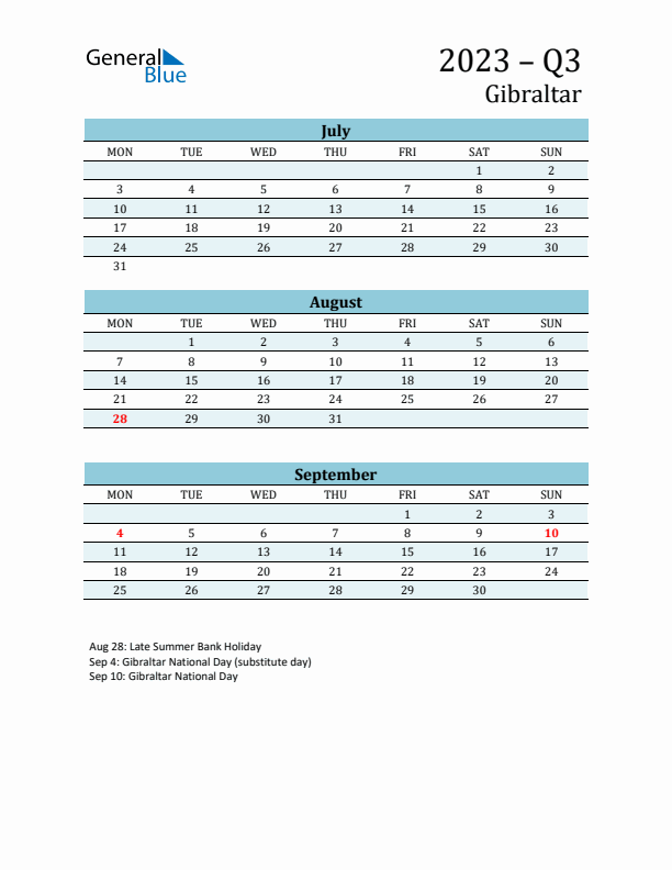 Three-Month Planner for Q3 2023 with Holidays - Gibraltar