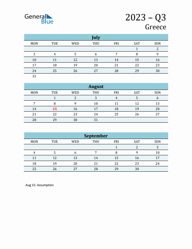 Three-Month Planner for Q3 2023 with Holidays - Greece