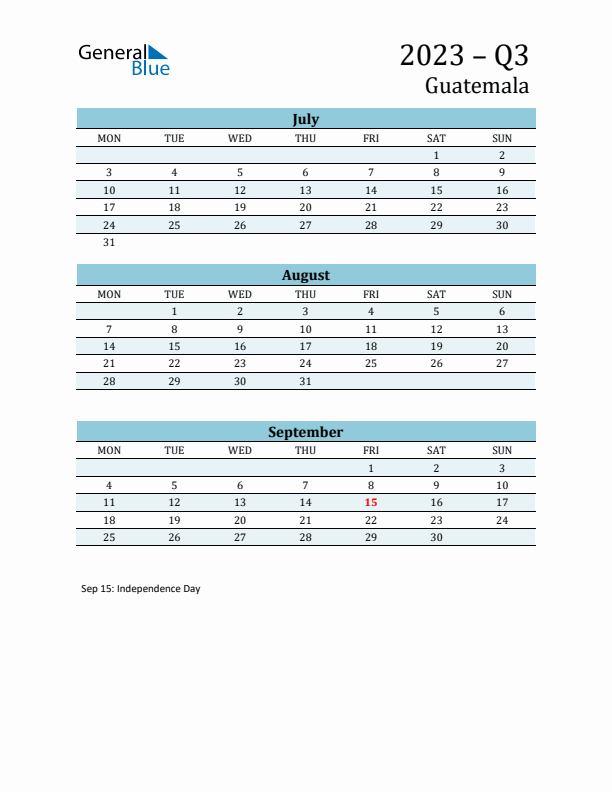 Three-Month Planner for Q3 2023 with Holidays - Guatemala