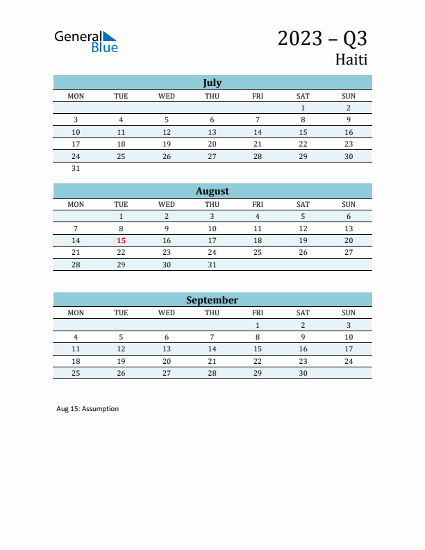Three-Month Planner for Q3 2023 with Holidays - Haiti