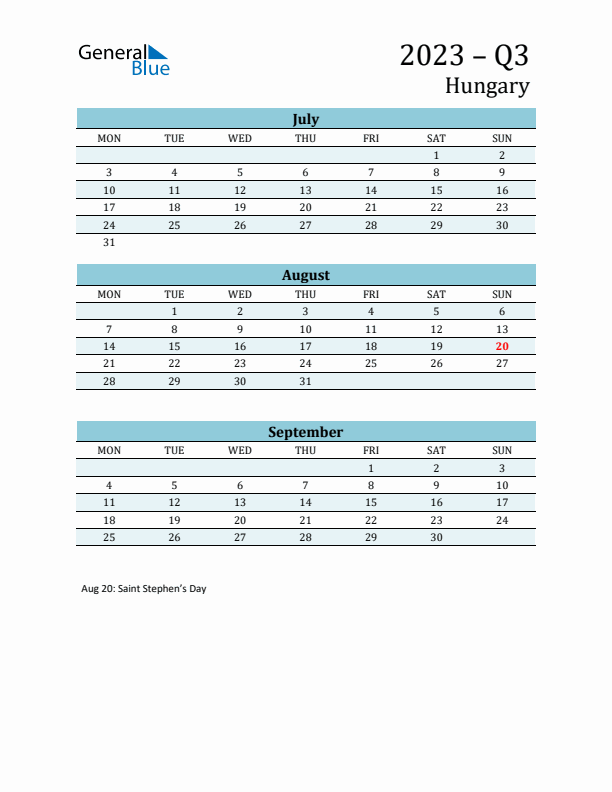 Three-Month Planner for Q3 2023 with Holidays - Hungary