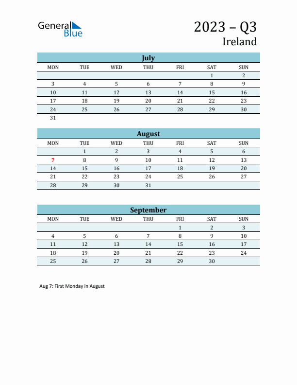 Three-Month Planner for Q3 2023 with Holidays - Ireland