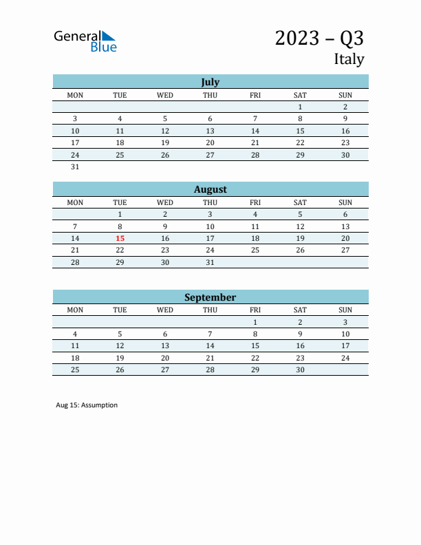 Three-Month Planner for Q3 2023 with Holidays - Italy
